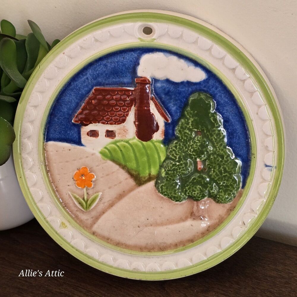Cottagecore Ceramic House Flowers Vtg Japan Wall Trivet Plaque Art Home Decor 7”